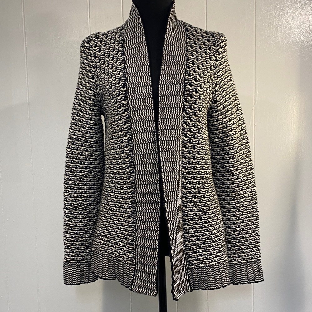 Talbots Cardigan | Open Front | Black White Textured Knit | Size S